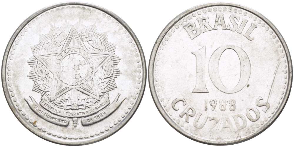 Бразилия 10 крузадо 1988 реформа 1986-1989 KM 607 нержавеющая сталь 177-945