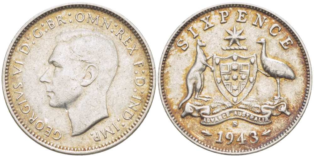 Австралия 6 пенсов 1943 S, Георг V (1936-1952) KM 38 серебро  4516-118