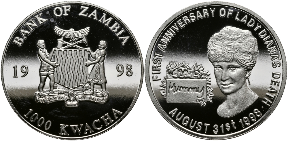 Замбия 1000 квача 1998 годовщина гибели леди Дианы, 31 августа 1998 KM 180 медно-никель PROOF 11-231-23