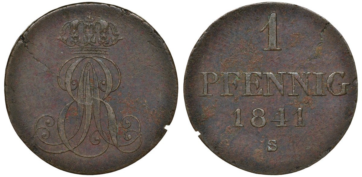 Ганновер 1 пфенниг 1841 S, Эрнст Август (1837-1851) KM 173.3, AKS 128, J. 54 медь 72-1159