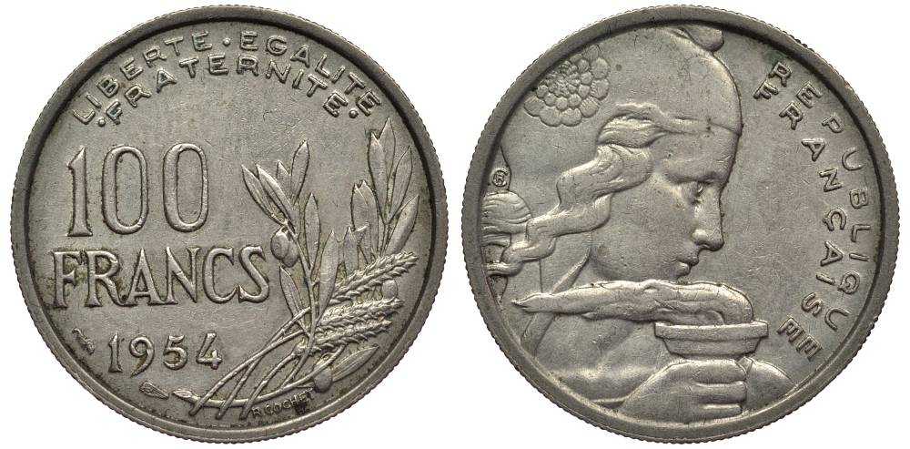 ФРАНЦИЯ 100 ФРАНКОВ 1954 ТИП COCHET KM 919.1, LE FRANC 450.2 медно-никель 27-753