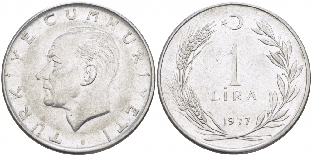 Турция 1 лира 1977 Мустафа Кемаль Ататюрк KM 889а.2 нержавеющая сталь 4529-1231