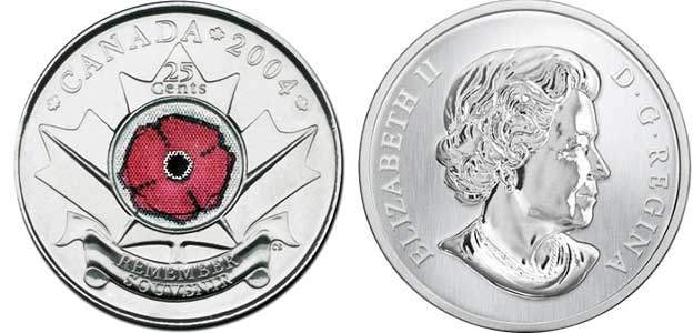 Канада 25 центов 2004 никто не забыт, день памяти, цветок мака, 90 лет с начала первой мировой войны, эмаль KM 510 никелированная сталь UNC M47-09