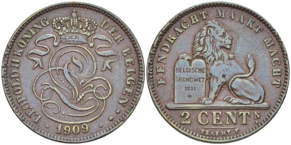 БЕЛЬГИЯ 2 САНТИМА 1909 BELGEN KM 36 медь 110-157
