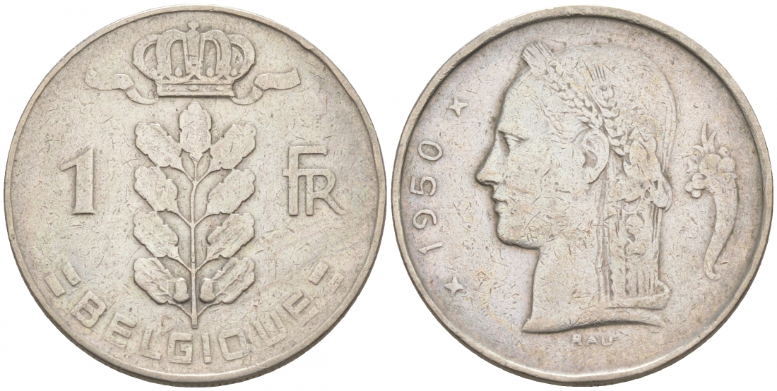 БЕЛЬГИЯ 1 ФРАНК 1950 BELGIQUE KM 142.1 медно-никель 68-627