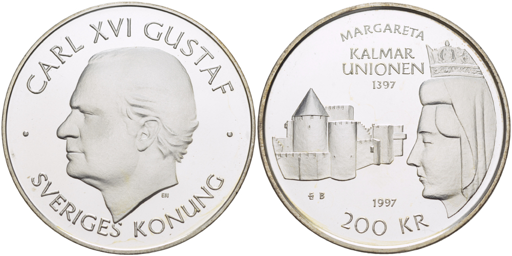 Швеция 200 крон 1997 Карл XVI Густав (1973- ), 600 лет Кальмарской уния, королева Маргарита Датская, в оригинальной пластиковой упаковке KM 890 серебро BUNC 1082-10-41