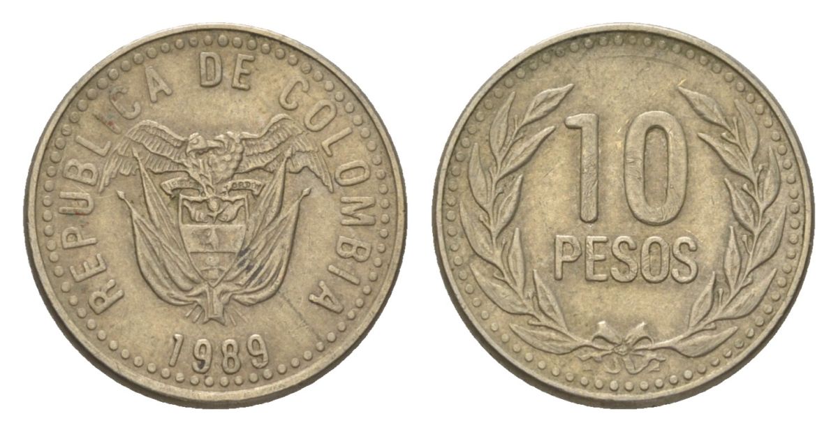 Колумбия 10 песо 1989 KM 281 медь цинк никель 4627-825