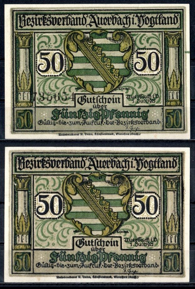 Ауэрбах-им-Фогтланд (Саксония) 50 пфеннигов 1921 Mehl Grabowski 53.1a-1.1 бумага UNC (пресс) 7556-40-2-2