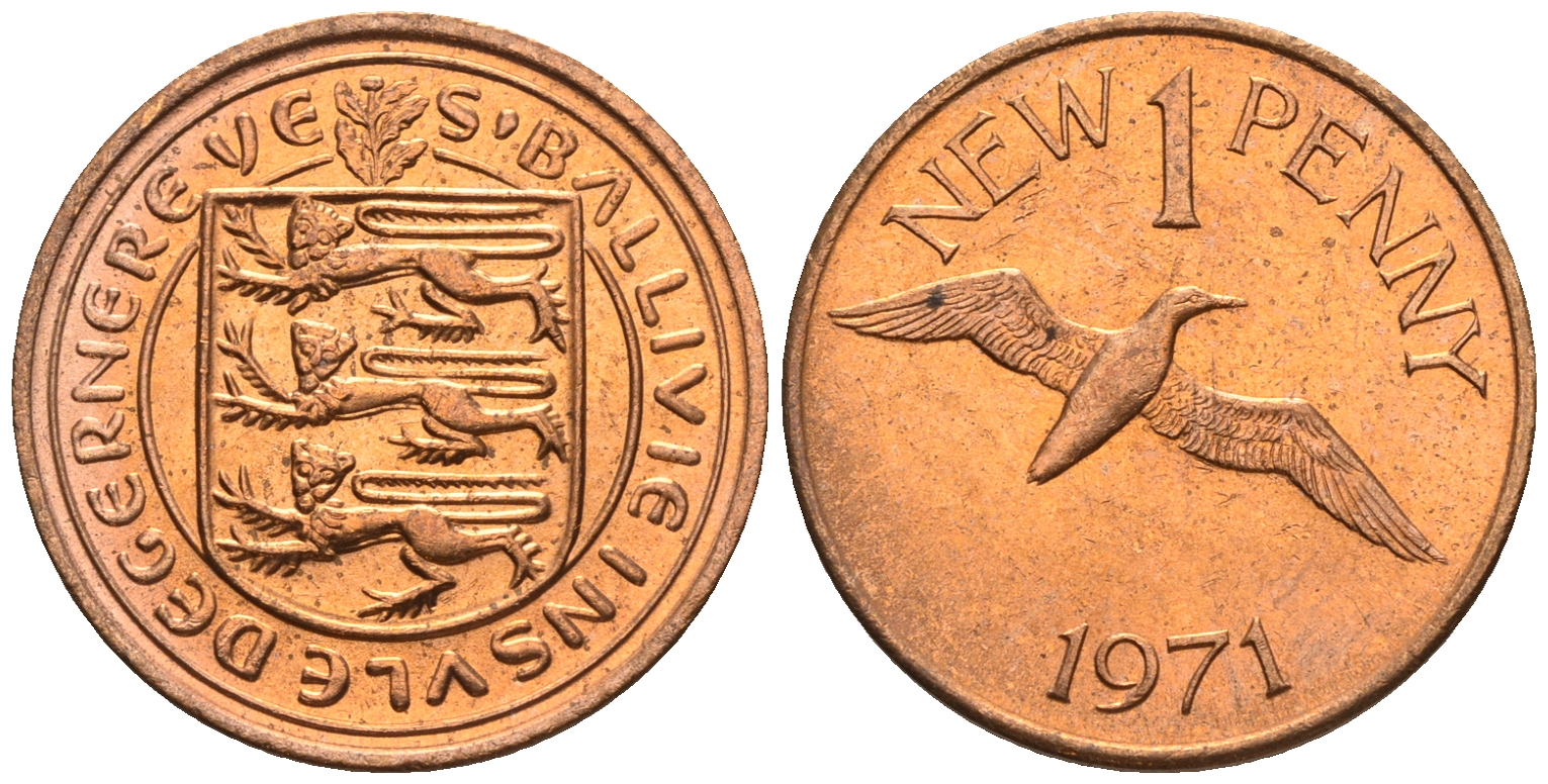 Гернси 1 пенc 1971 Елизавета II (1952-2022), северная олуша в полете KM 21 бронза  UNC  220-1219