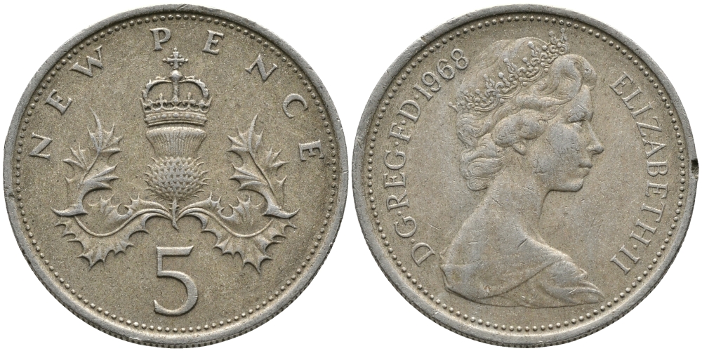 Великобритания 5 пенсов 1968 Елизавета II (1952-2022) KM 911, Spink 4233 (D1) медно-никель 65-945