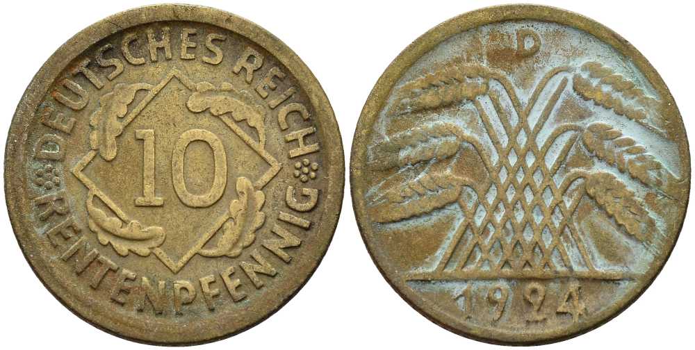 ГЕРМАНИЯ 10 РЕНТЕНПФЕННИГОВ 1924 D KM 33, J. 309 алюминиевая бронза 4401-412