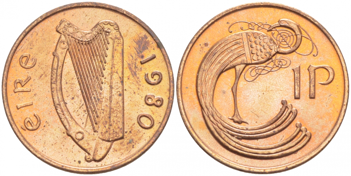 ИРЛАНДИЯ 1 ПЕННИ 1980 ПТИЧКА KM 20 бронза UNC 4392-1368