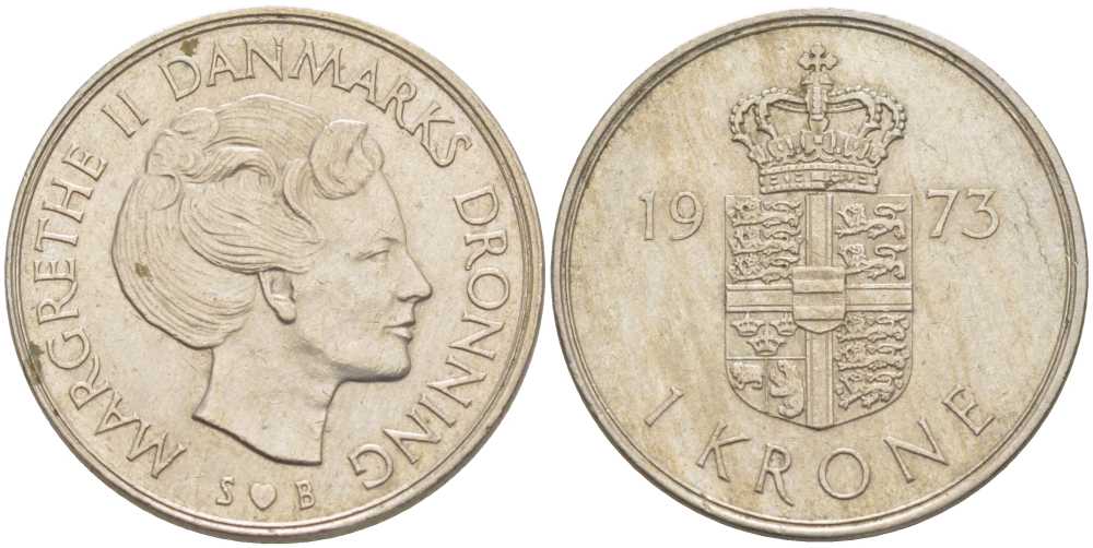 ДАНИЯ 1 КРОНА 1973 S; B, МАРГРЕТЕ II (1972-) KM 862.1 медно-никель 117-452