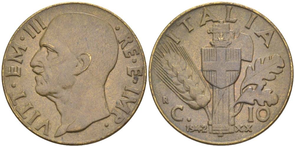ИТАЛИЯ 10 ЧЕНТЕЗИМО 1942 R, ГОД XX, ВИКТОР ЭММАНУИЛ III (1900-1946) KM 74a, VEM3. 0987 алюминиевая бронза 3853-252