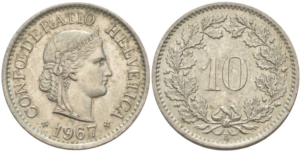ШВЕЙЦАРИЯ 10 РАППЕНОВ 1967 В KM 27 медно-никель 55-354