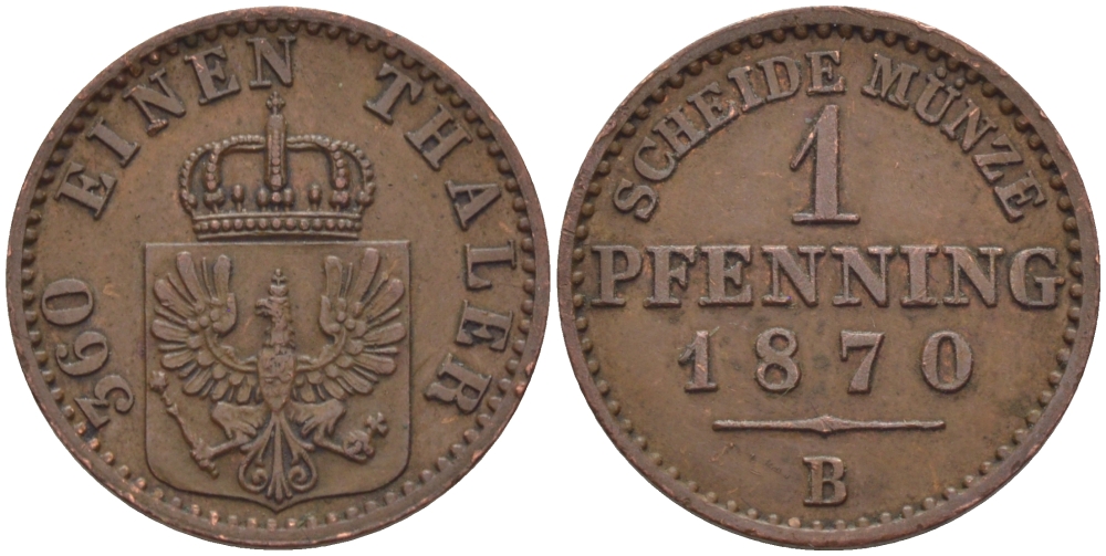 ПРУССИЯ 1 ПФЕННИГ 1870 В KM 480 медь 100-328