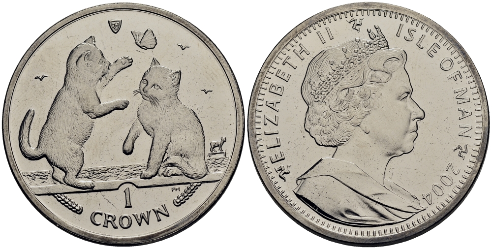 Остров Мэн 1 крона 2004 котята с бабочкой КМ 1246.2 медно-никель UNC M92-15