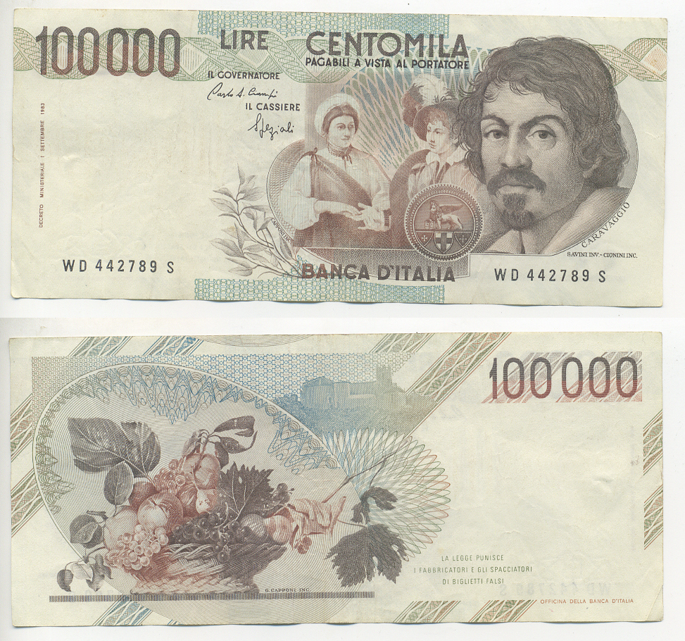 Италия 100000 лир 1983 Караваджо, фруктовый букет, подпись Speziali Pick 110b бумага 7220-21-1
