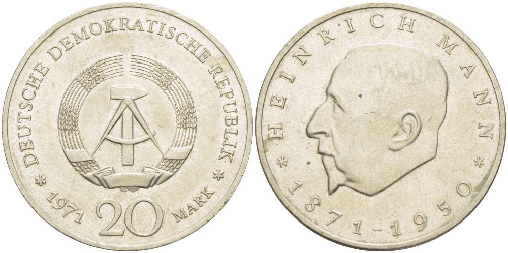 ГДР 20 марок 1971 А, 100 лет со дня рождения Генриха Манна (1871-1950) KM 33, J. 1531 медно-никель 4521-623