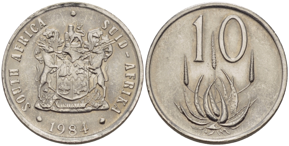 ЮАР 10 центов 1984 герб, цветок алоэ KM 85 никель UNC 67-425