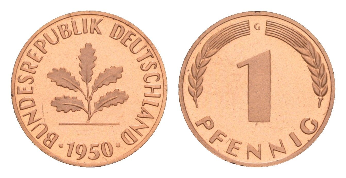 ФРГ 1 пфенниг 1950 G, тираж 9.000 экземпляров KM 105, J. 380 сталь плакированная медью PROOF 11-132-43