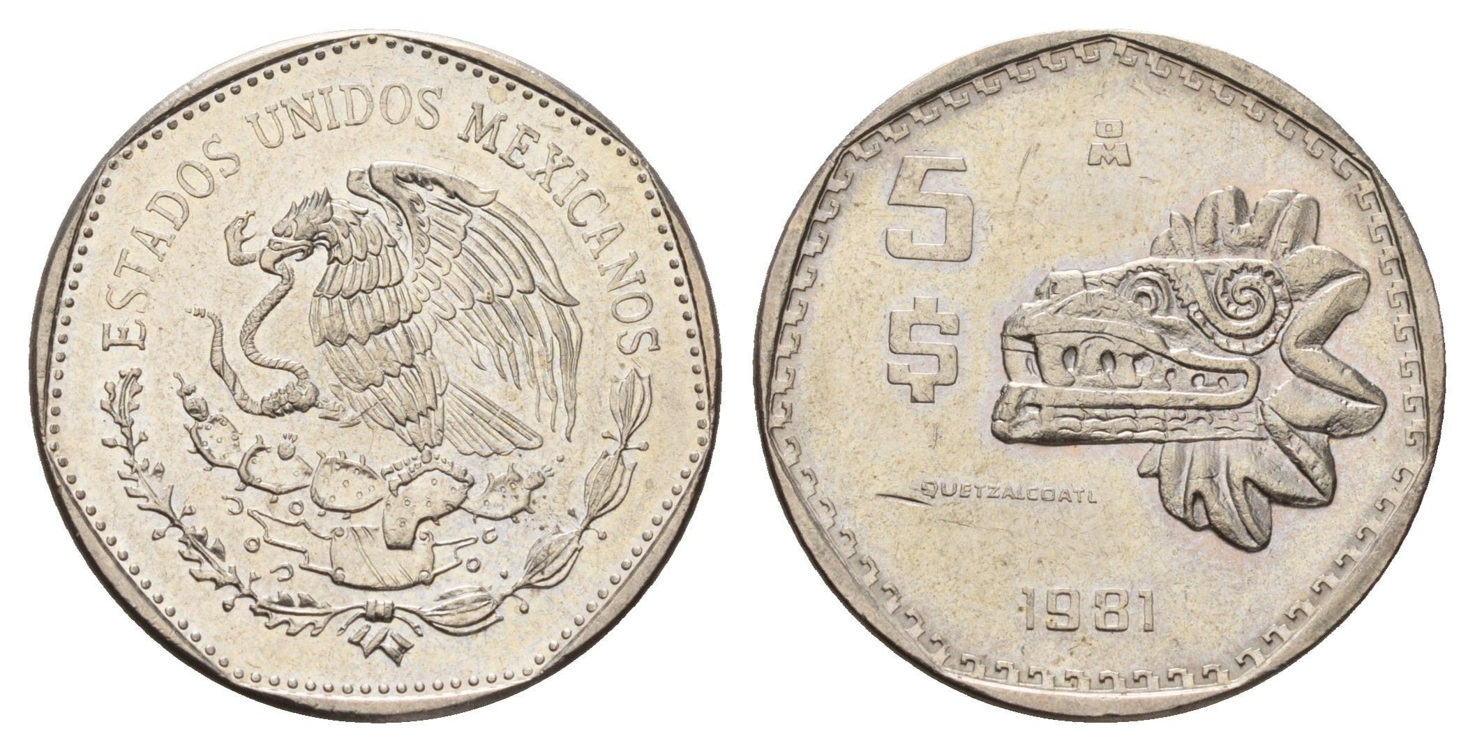 Мексика 5 песо 1981 Мо, бог Кетцалькоатцаль (пернатый змей) KM 485 медно-никель UNC 217-344