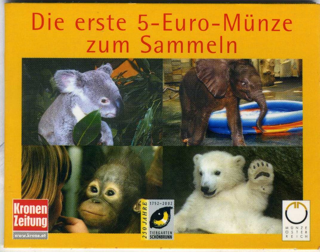 Австрия 5 евро 2002 250 лет Шенбруннскому зоопарку, в оригинальном буклете, коала KM 3091 серебро  UNC  7-5-6-42