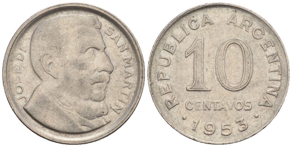 Аргентина 10 сентаво 1953 генерал Хосе де Сан Мартин KM 47a, Schon 50a.1 сталь плакированная никелем    4609-1162