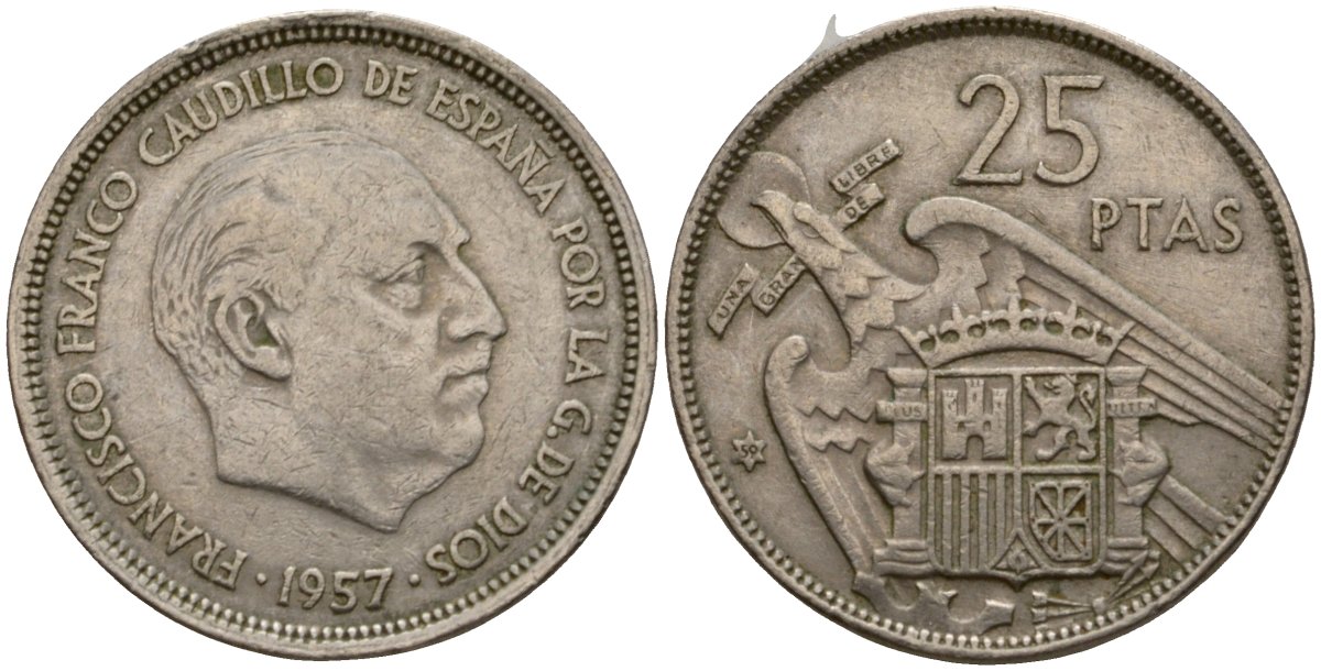 Испания 25 песет 1957 (59) KM 787 медно-никель 92-252