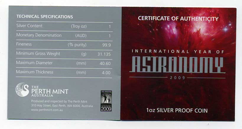 Австралия 1 доллар 2009 Международный год астрономии, цветная эмаль серебро PROOF 8-1-05-07