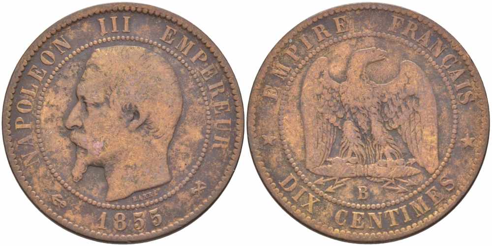 Франция 10 сантимов 1855 B, Наполеон III (1852-1870) KM 771.2, Le Franc 133.21 бронза    4680-522