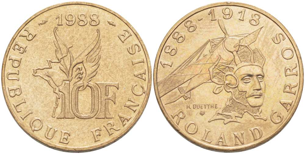 Франция 10 франков 1988 100 лет со дня рождения Ролан Гарроса (1888-1918) KM 965, LE FRANC 372.3 алюминиевая бронза 215-633