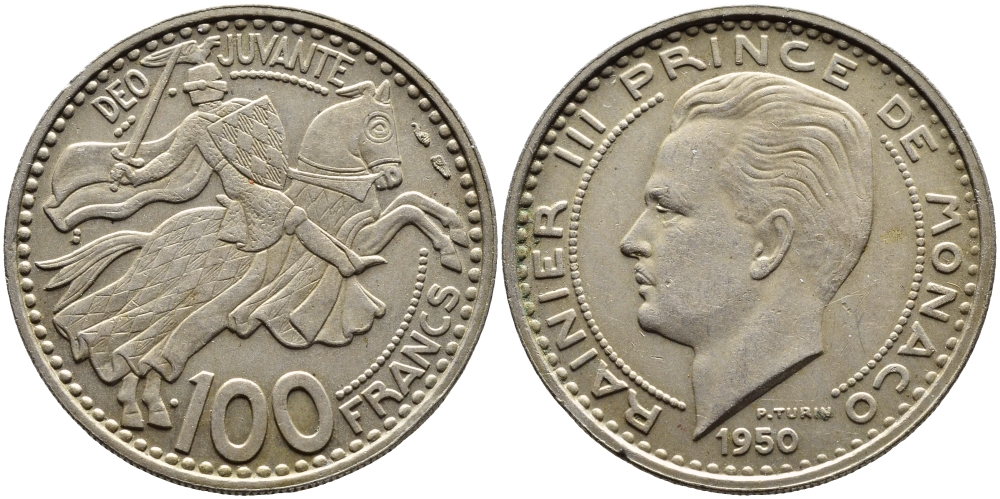 Монако 100 франков 1950 Ренье III (1949-2005) KM 133 медно-никель 4389-1244