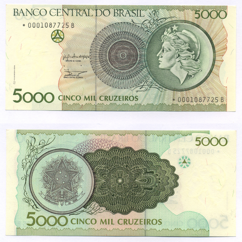 БРАЗИЛИЯ 5000 КРУЗЕЙРО 1990 ПОДПИСЬ 28, ЧРЕЗВЫЧАЙНЫЙ ВЫПУСК 1992 ГОДА, ГОЛОВА СВОБОДЫ, ЗАМЕЩЕННАЯ СЕРИЯ 0001* Pick 227 бумага UNC (ПРЕСС) 7552-56-2
