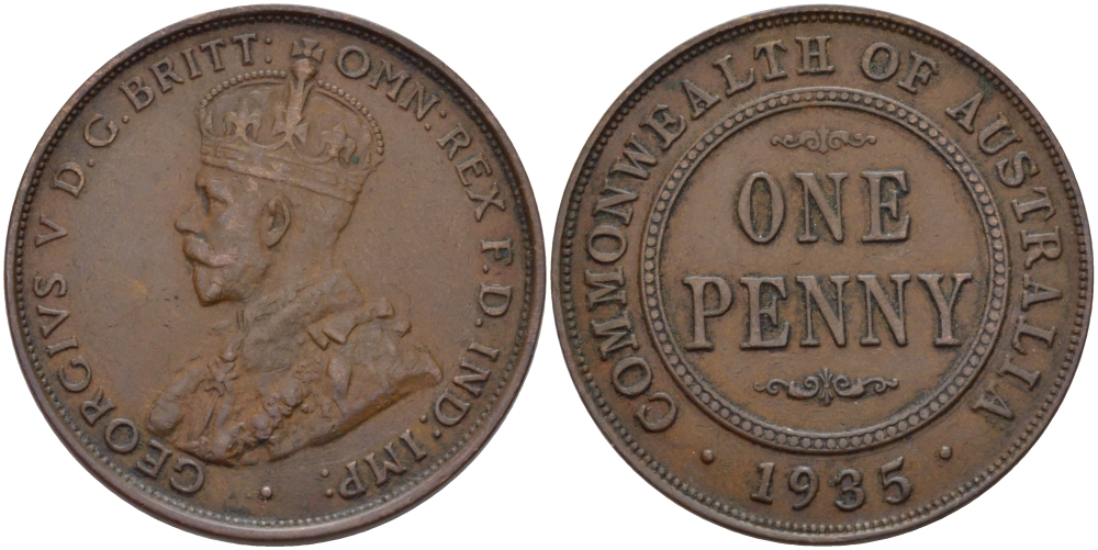 АВСТРАЛИЯ 1 ПЕННИ 1935 ГЕОРГ V KM 23 бронза 82-735
