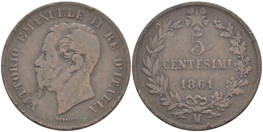 ИТАЛИЯ 5 ЧЕНТЕЗИМО 1861 М, МОНДВОР МИЛАН, ВИКТОР ЭММАНУИЛ II (1861-1878) KM 3.2 медь 4182-1257
