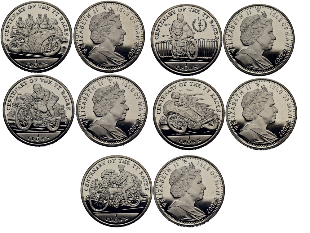 Остров Мэн 1 крона 2007 100 лет мотогонкам, коллекция из пяти монет KM 1418-1422 медно-никель UNC M94-11