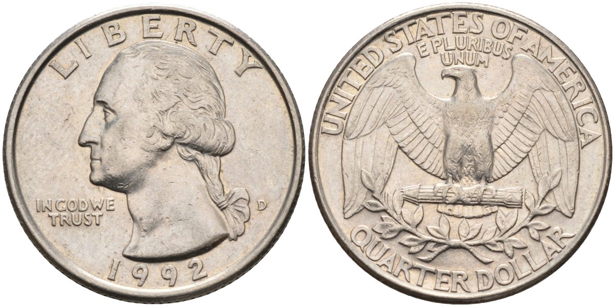 США 25 центов (квотер) 1992 D, Вашингтон KM A164a медь плакированная медно-никелем 181-522