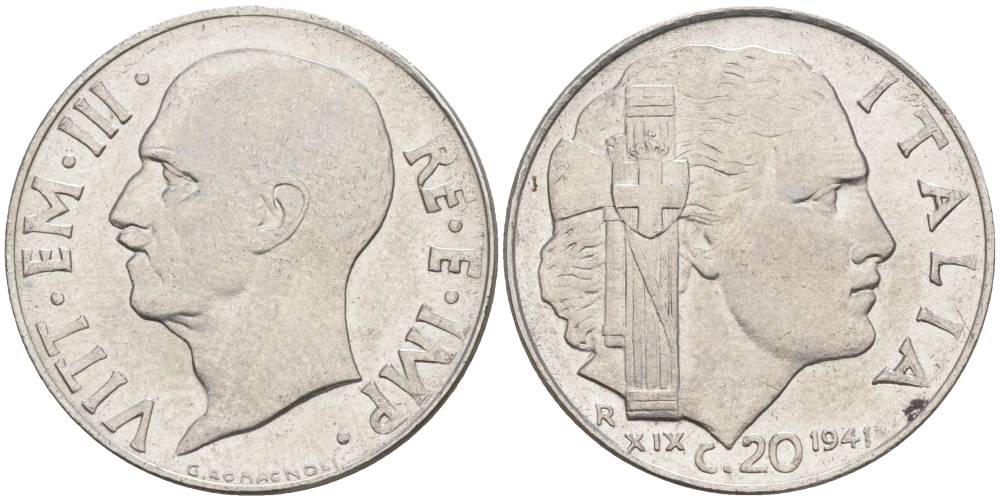 ИТАЛИЯ 20 ЧЕНТЕЗИМО 1941 R, ГОД XIX, ВИКТОР ЭММАНУИЛ III (1900-1946) KM 75b, VEM3. 1028 нержавеющая сталь 3853-657
