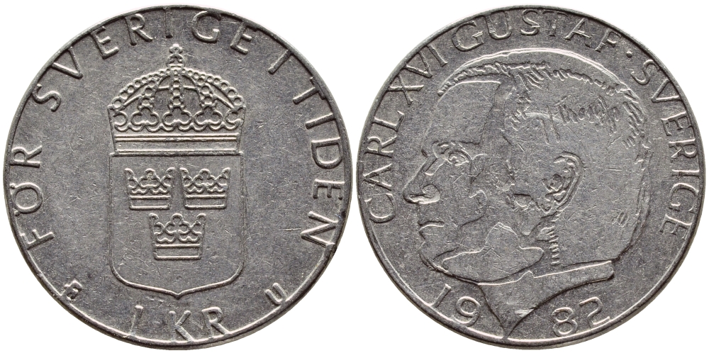 Швеция 1 крона 1982 Карл XVI Густав (1973- ) KM 852a медно-никель 4397-1054