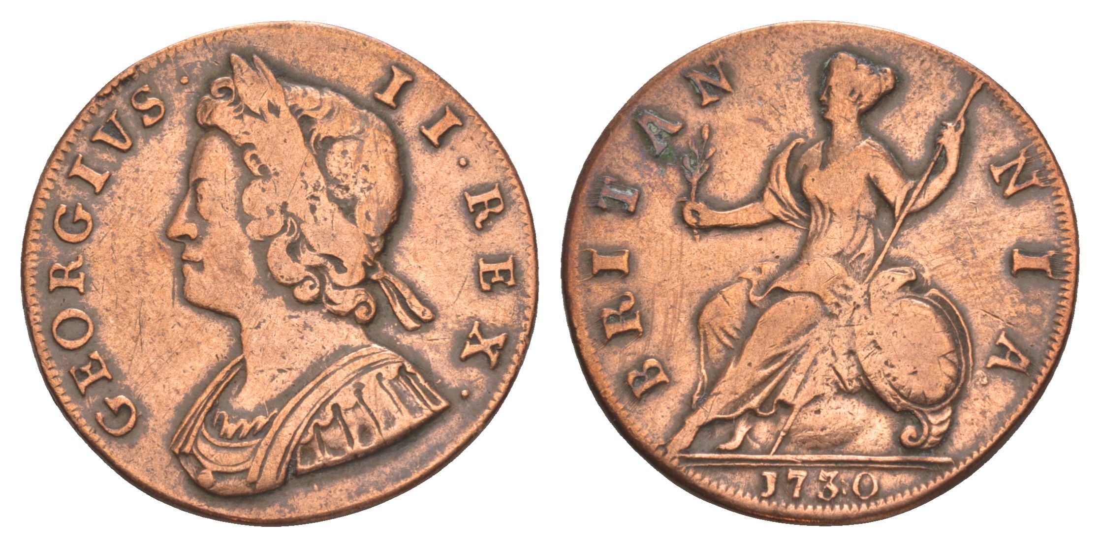 Великобритания 1/2 пенни 1730 Георг II (1727-1760) KM 566, Spink 3717 медь 3711-635