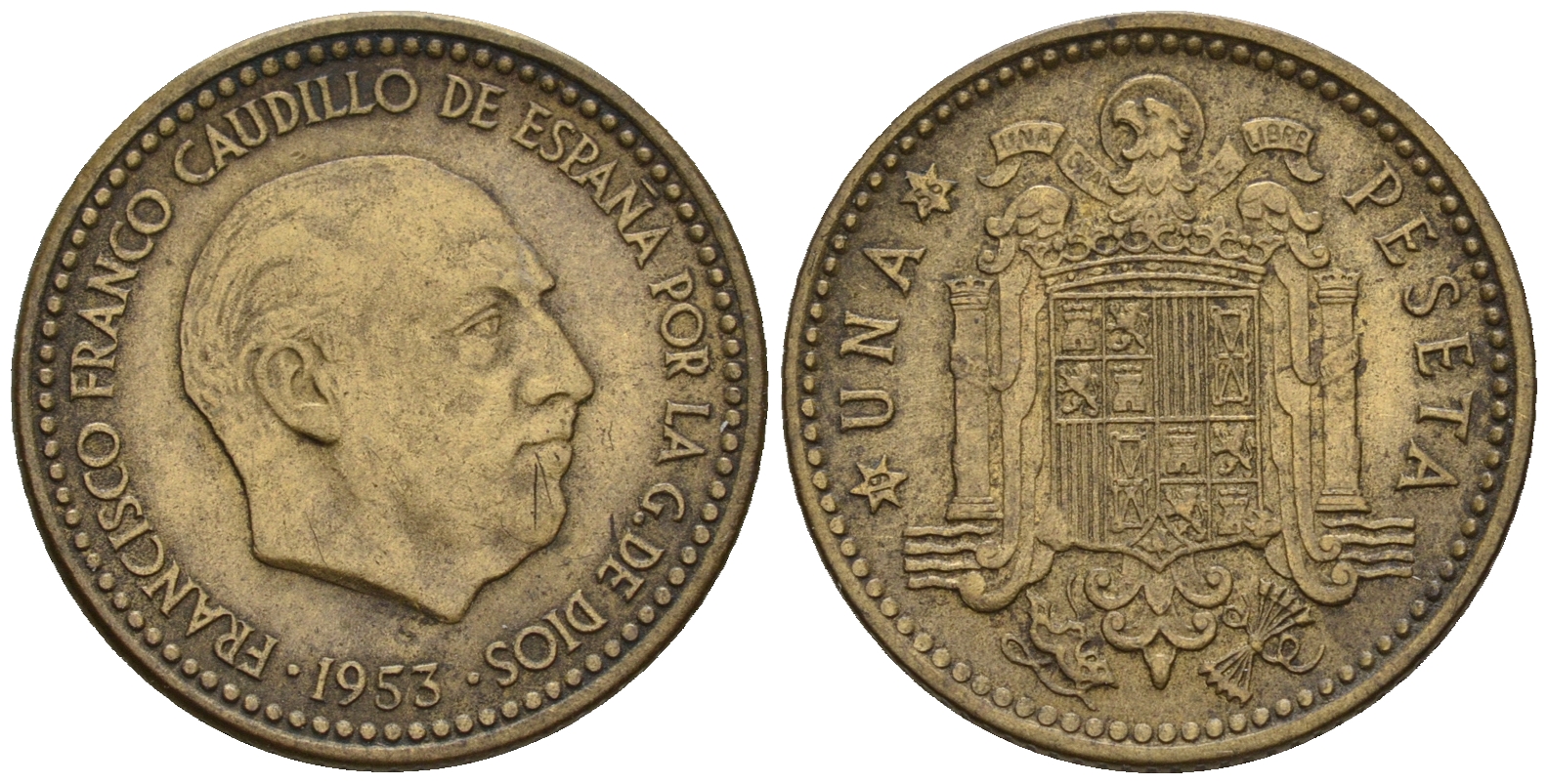 Испания 1 песета 1953 (56) Франциско Франко (1939-1975) KM 775 алюминиевая бронза 259-254