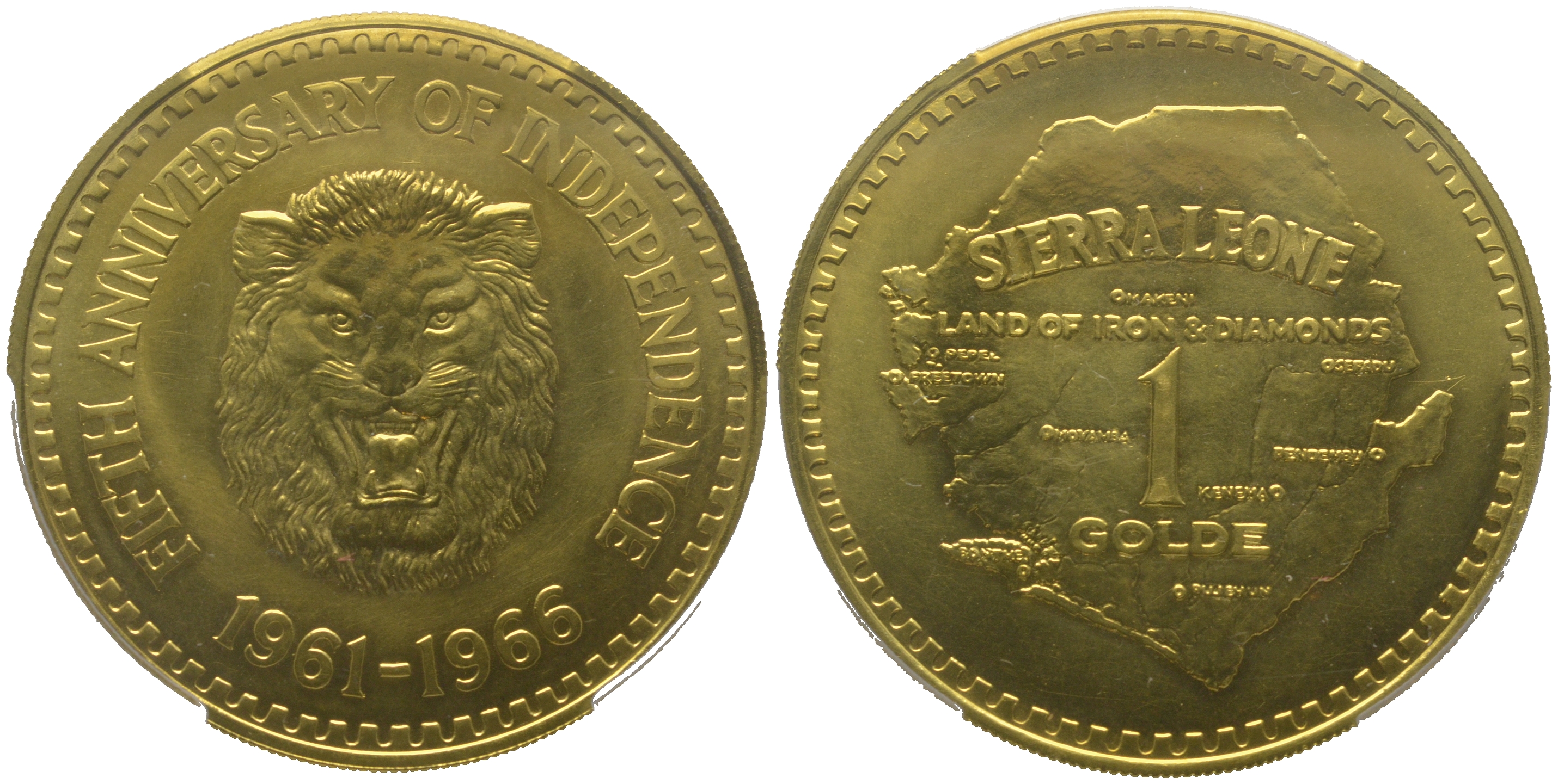 Сьерра-Леоне 1 гольде 1966 (1961-1966) пятая годовщина независимости, лев, в слабе PCGS MS 66 KM 24 золото  UNC  10-001-02