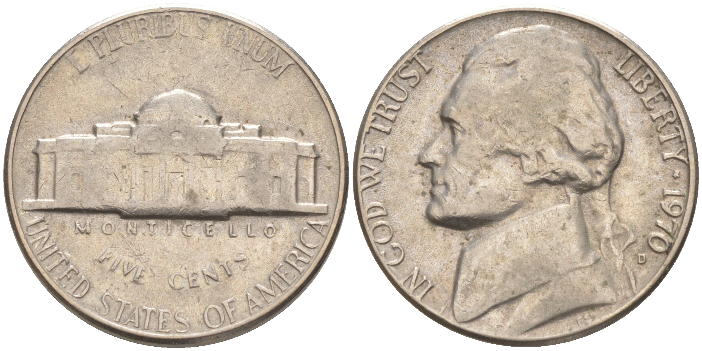 США 5 ЦЕНТОВ 1970 D, ДЖЕФФЕРСОН KM A192 медно-никель 63-725