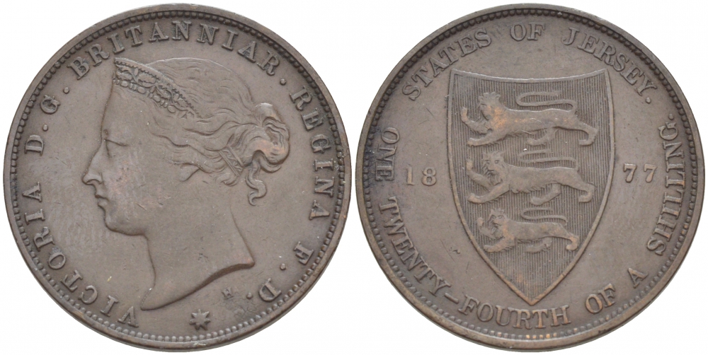 Джерси 1/24 шиллинга 1877 H, Виктория (1837-1901) KM 7 бронза 4539-924