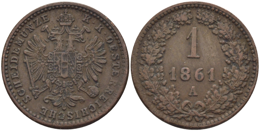 АВСТРИЯ 1 КРЕЙЦЕР 1861 А KM 2186 медь 100-134
