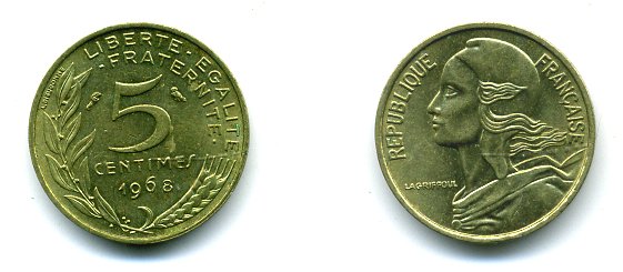 ФРАНЦИЯ 5 САНТИМОВ 1968 ТИП MARIANNE KM 933, LE FRANC 125.4 алюминиевая бронза 3999-616