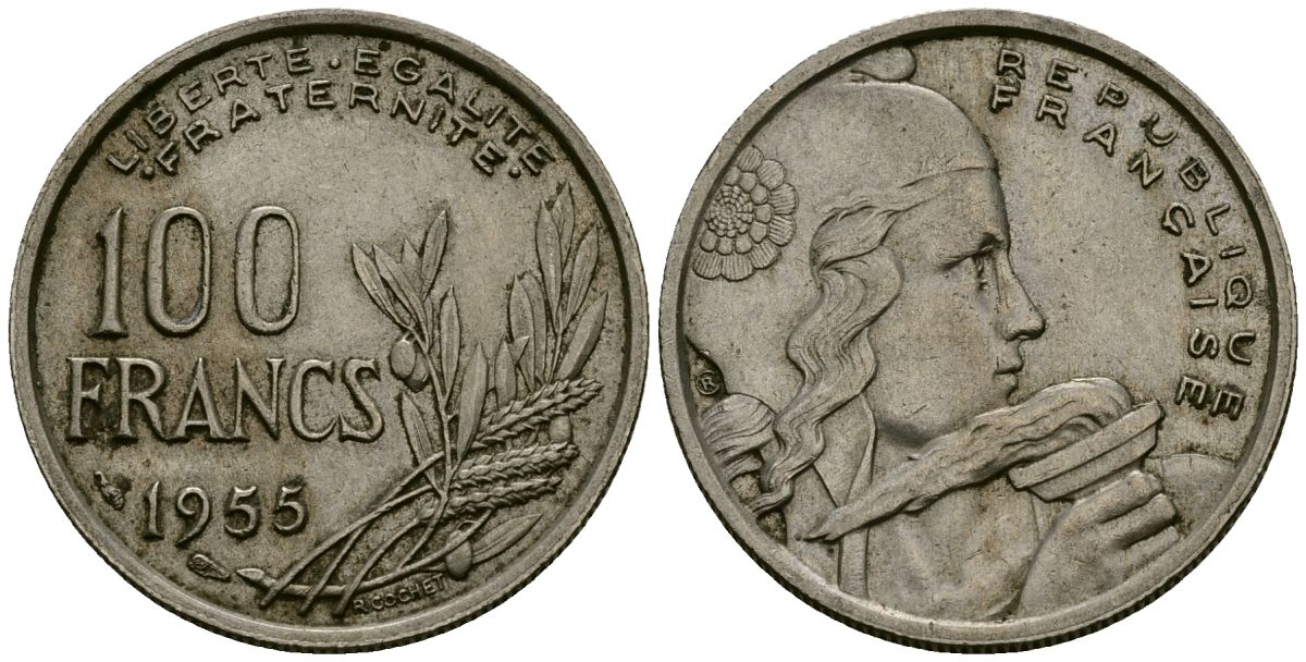 Франция 100 франков 1955 KM 919.1 медно-никель 4575-727