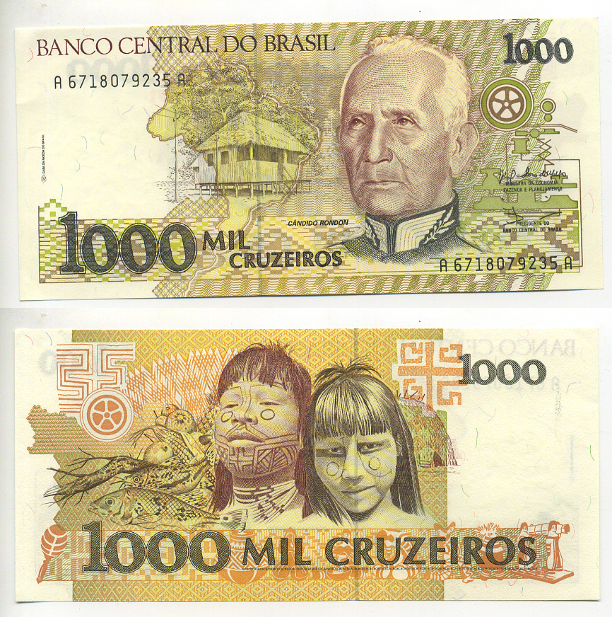 Бразилия 1000 крузейро ND (1990) серия A 6718, Кандиду Рондон Pick 231 a бумага UNC (пресс) 7548-16-1-1