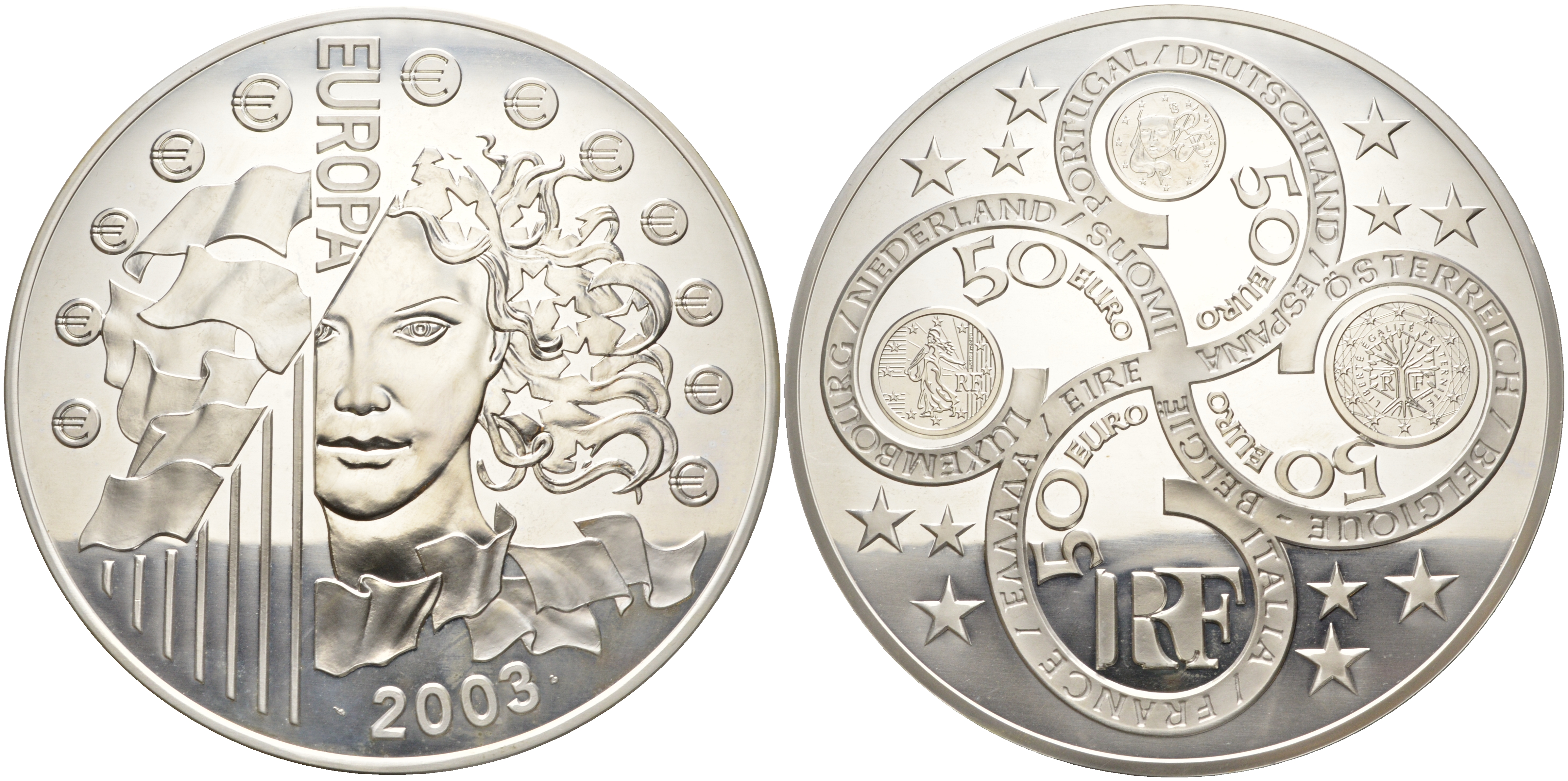 Франция 50 евро 2003 первая годовщина введения евро, оригинальная коробка, 1 килограмм серебро PROOF 14-01-01-02